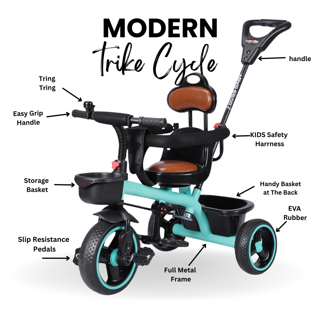 Keppz Baby Tricycle with Push Handle, Leather Seat, Safety Backrest, and Storage Basket  Beige - Keppz