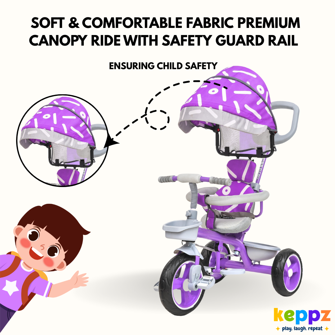 Keppz Stylish Kids Tricycle with Printed Canopy & Safety Belt  Baby Trike with Push Handle & Storage Basket for 1.5 Years. - Keppz