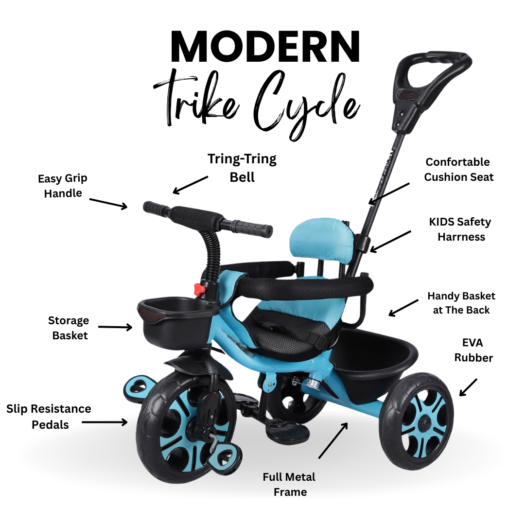 Keppz Cushioned Kids Tricycle with Backrest & Push Handle Baby Trike for 1.5 Years with Storage Basket & Safety Belt - Keppz