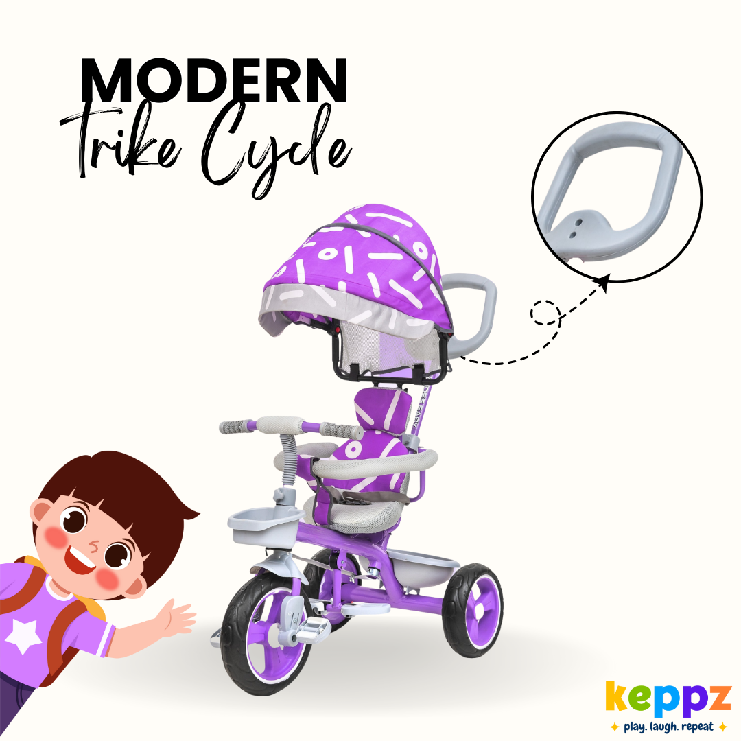 Keppz Stylish Kids Tricycle with Printed Canopy & Safety Belt  Baby Trike with Push Handle & Storage Basket for 1.5 Years. - Keppz