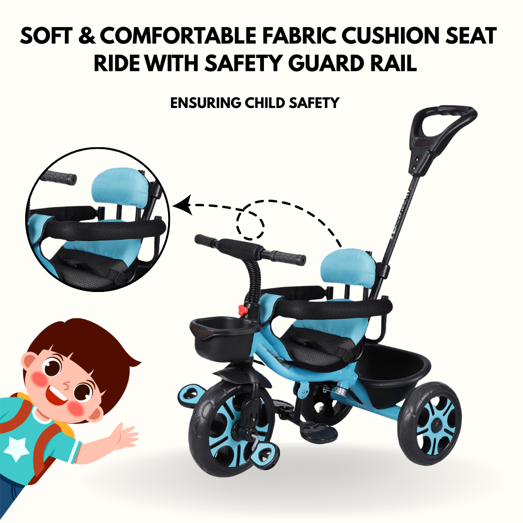 Keppz Cushioned Kids Tricycle with Backrest & Push Handle Baby Trike for 1.5 Years with Storage Basket & Safety Belt - Keppz