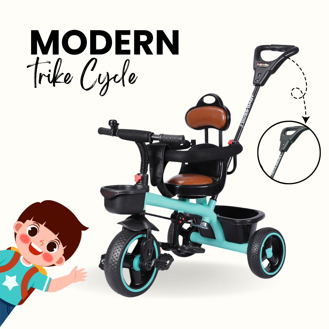 Keppz Baby Tricycle with Push Handle, Leather Seat, Safety Backrest, and Storage Basket  Beige - Keppz