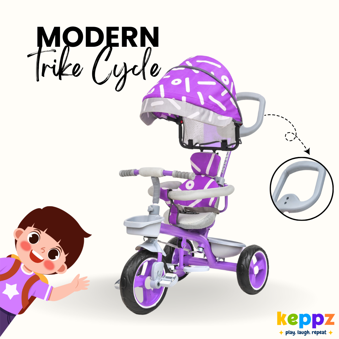 Keppz Stylish Kids Tricycle with Printed Canopy & Safety Belt  Baby Trike with Push Handle & Storage Basket for 1.5 Years. - Keppz