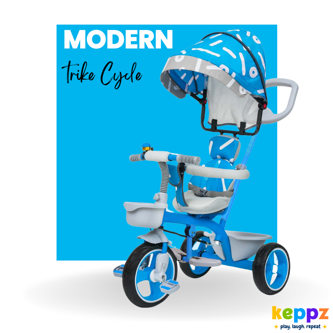 Keppz Stylish Kids Tricycle with Printed Canopy & Safety Belt  Baby Trike with Push Handle & Storage Basket for 1.5 Years. - Keppz