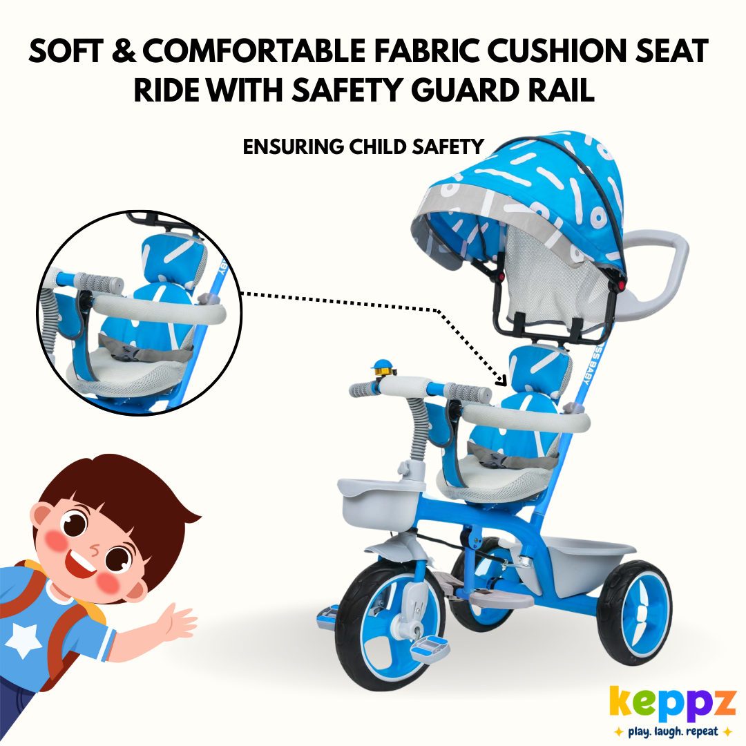 Keppz Stylish Kids Tricycle with Printed Canopy & Safety Belt  Baby Trike with Push Handle & Storage Basket for 1.5 Years. - Keppz