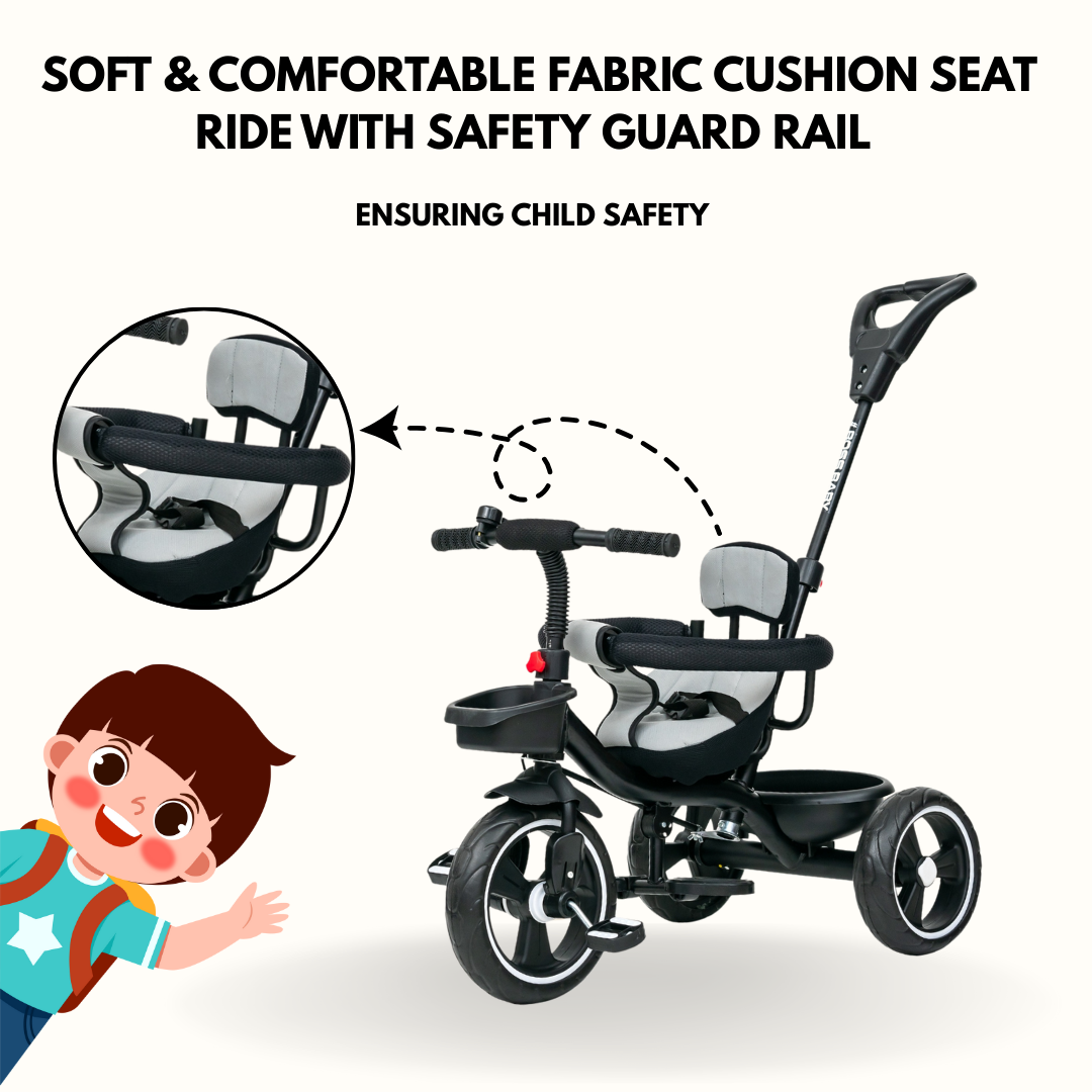 Keppz Cushioned Kids Tricycle with Backrest & Push Handle Baby Trike for 1.5 Years with Storage Basket & Safety Belt - Keppz