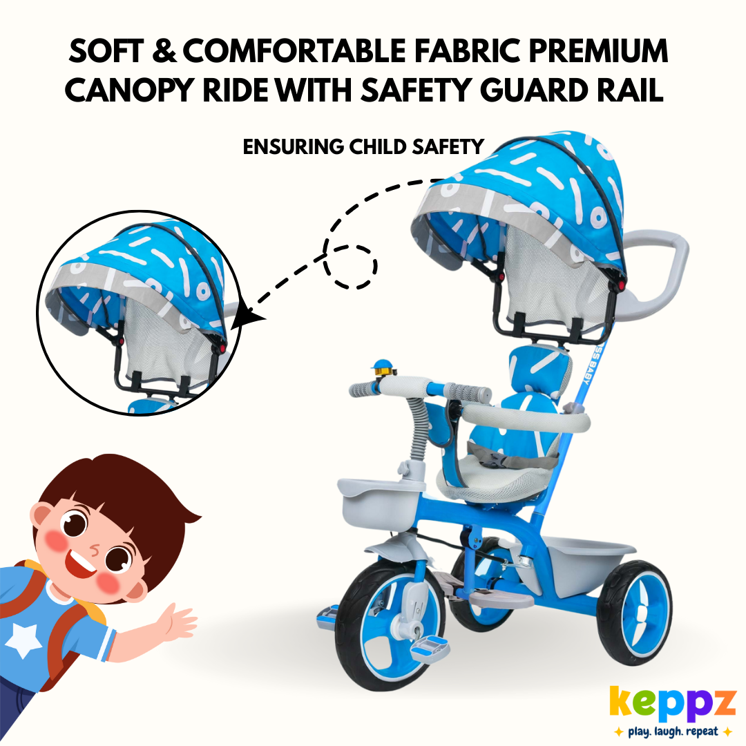 Keppz Stylish Kids Tricycle with Printed Canopy & Safety Belt  Baby Trike with Push Handle & Storage Basket for 1.5 Years. - Keppz