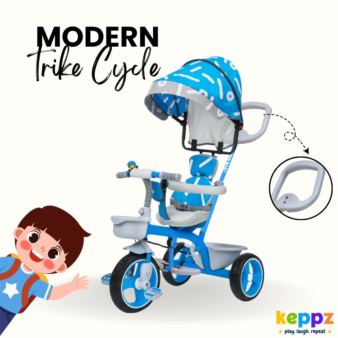 Keppz Stylish Kids Tricycle with Printed Canopy & Safety Belt  Baby Trike with Push Handle & Storage Basket for 1.5 Years. - Keppz