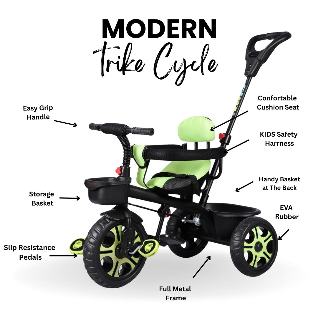 Keppz Cushioned Kids Tricycle with Backrest & Push Handle Baby Trike for 1.5 Years with Storage Basket & Safety Belt - Keppz