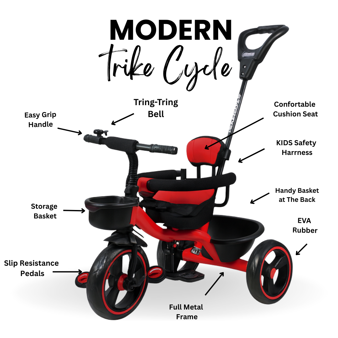 Keppz Cushioned Kids Tricycle with Backrest & Push Handle Baby Trike for 1.5 Years with Storage Basket & Safety Belt - Keppz