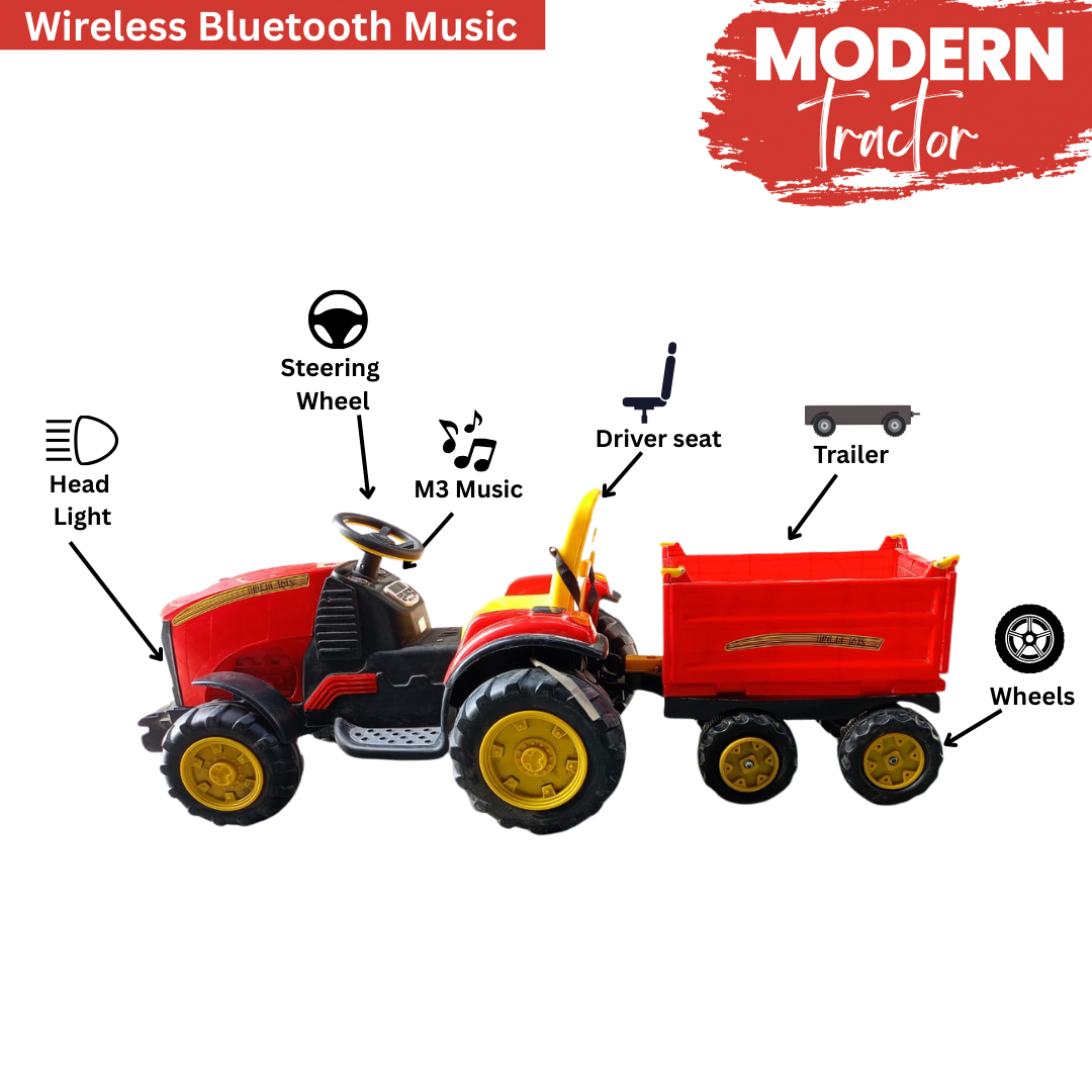 Keppz Kids Ride-On Tractor with Detachable Trailer, Steering Wheel, and Pedal Control. - Keppz