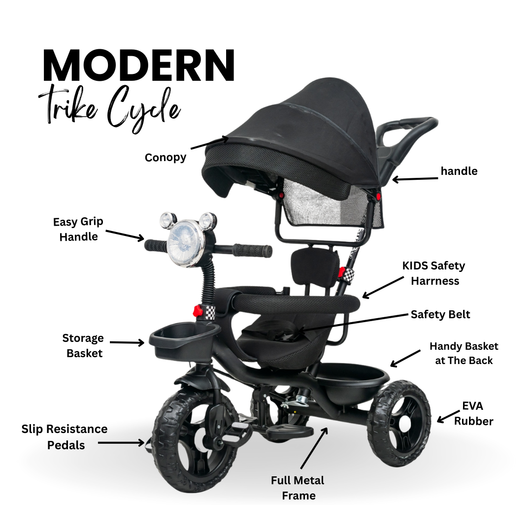 Keppz 4-in-1 Baby Tricycle with Headlight, Canopy, Safety Harness, and Push Handle.