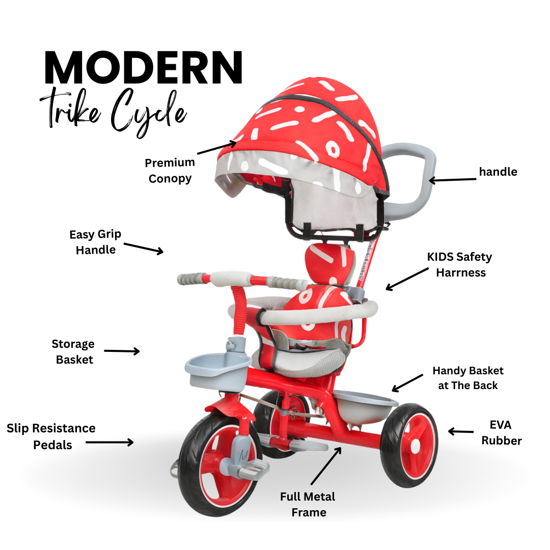 Keppz Stylish Kids Tricycle with Printed Canopy & Safety Belt  Baby Trike with Push Handle & Storage Basket for 1.5 Years. - Keppz