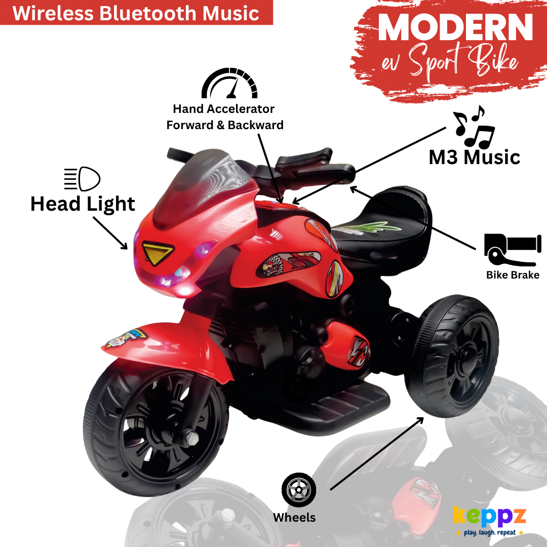 Keppz Electric Cartoon Ride-On Bike for Kids  Red with Music, Lights & Stickers. - Keppz