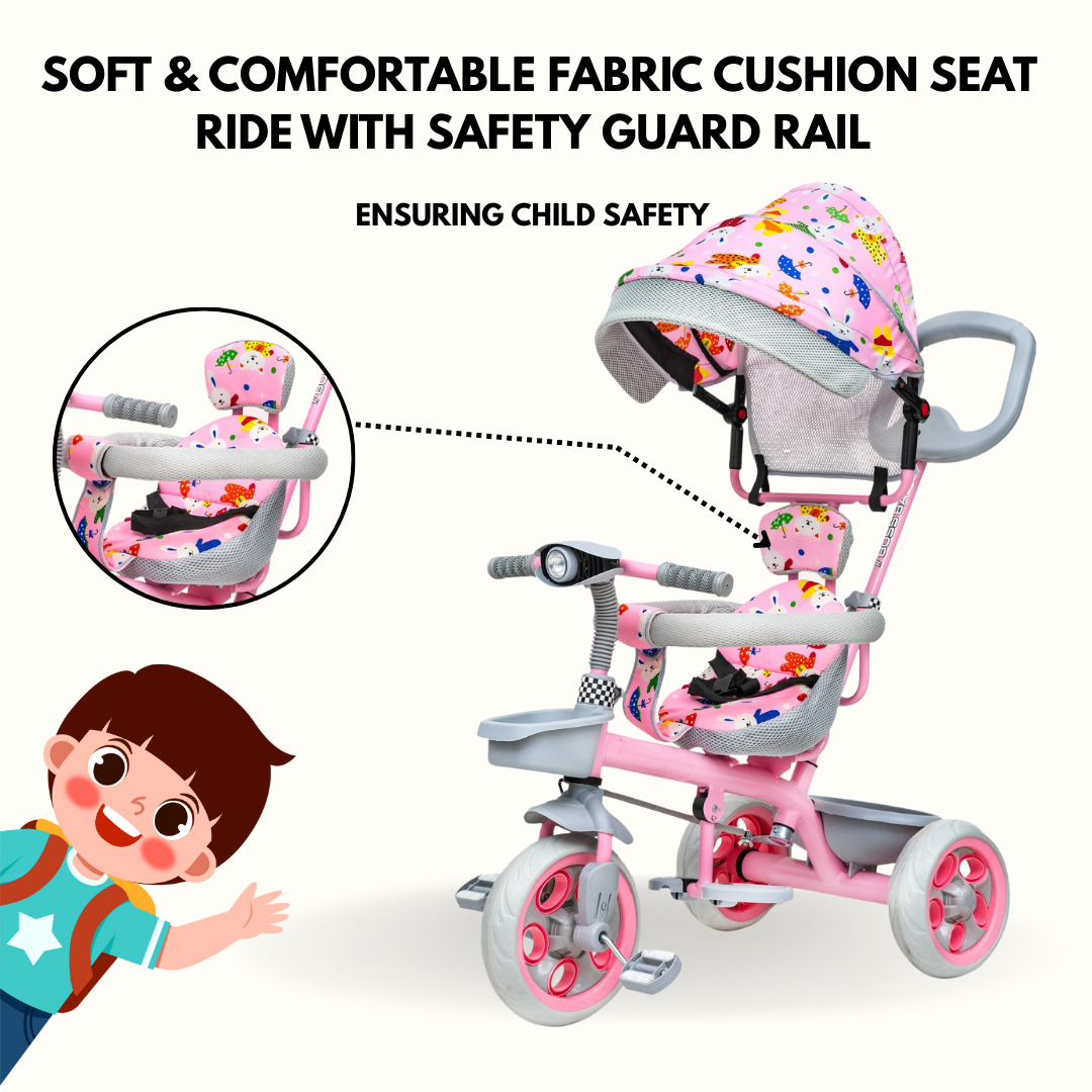 Keppz 4-in-1 Baby Tricycle with Canopy, Parental Handle, Storage Basket, and Safety Harness.