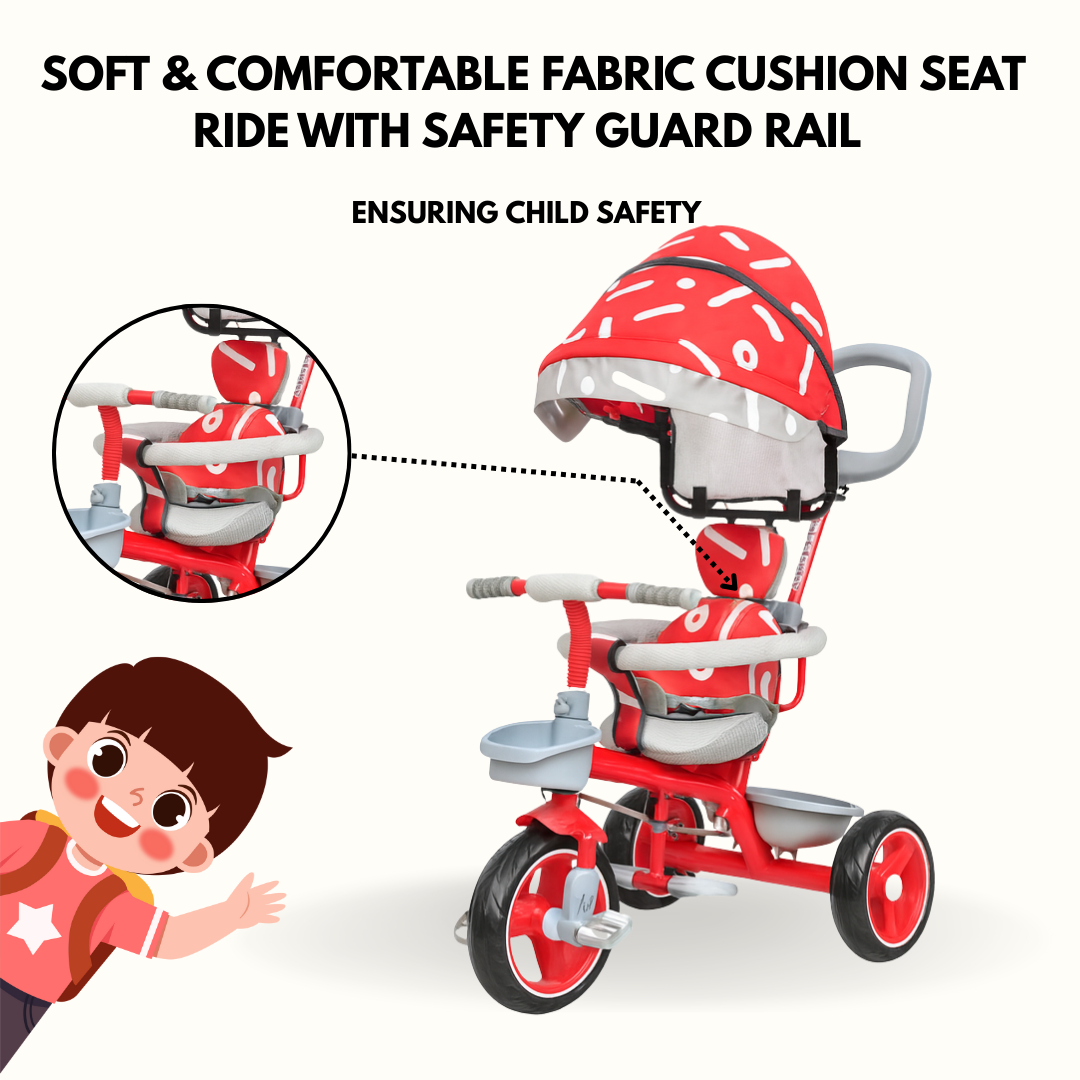 Keppz Stylish Kids Tricycle with Printed Canopy & Safety Belt  Baby Trike with Push Handle & Storage Basket for 1.5 Years. - Keppz