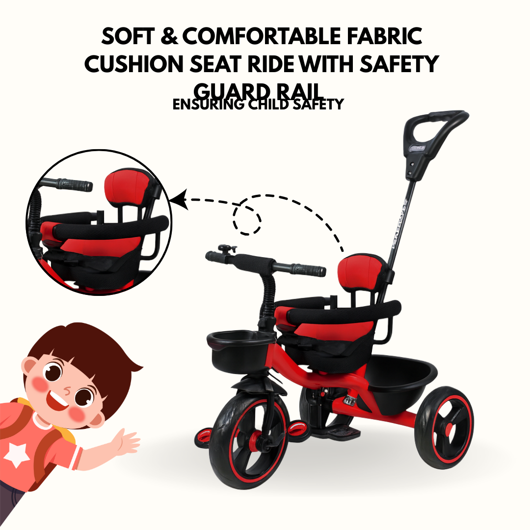 Keppz Cushioned Kids Tricycle with Backrest & Push Handle Baby Trike for 1.5 Years with Storage Basket & Safety Belt - Keppz