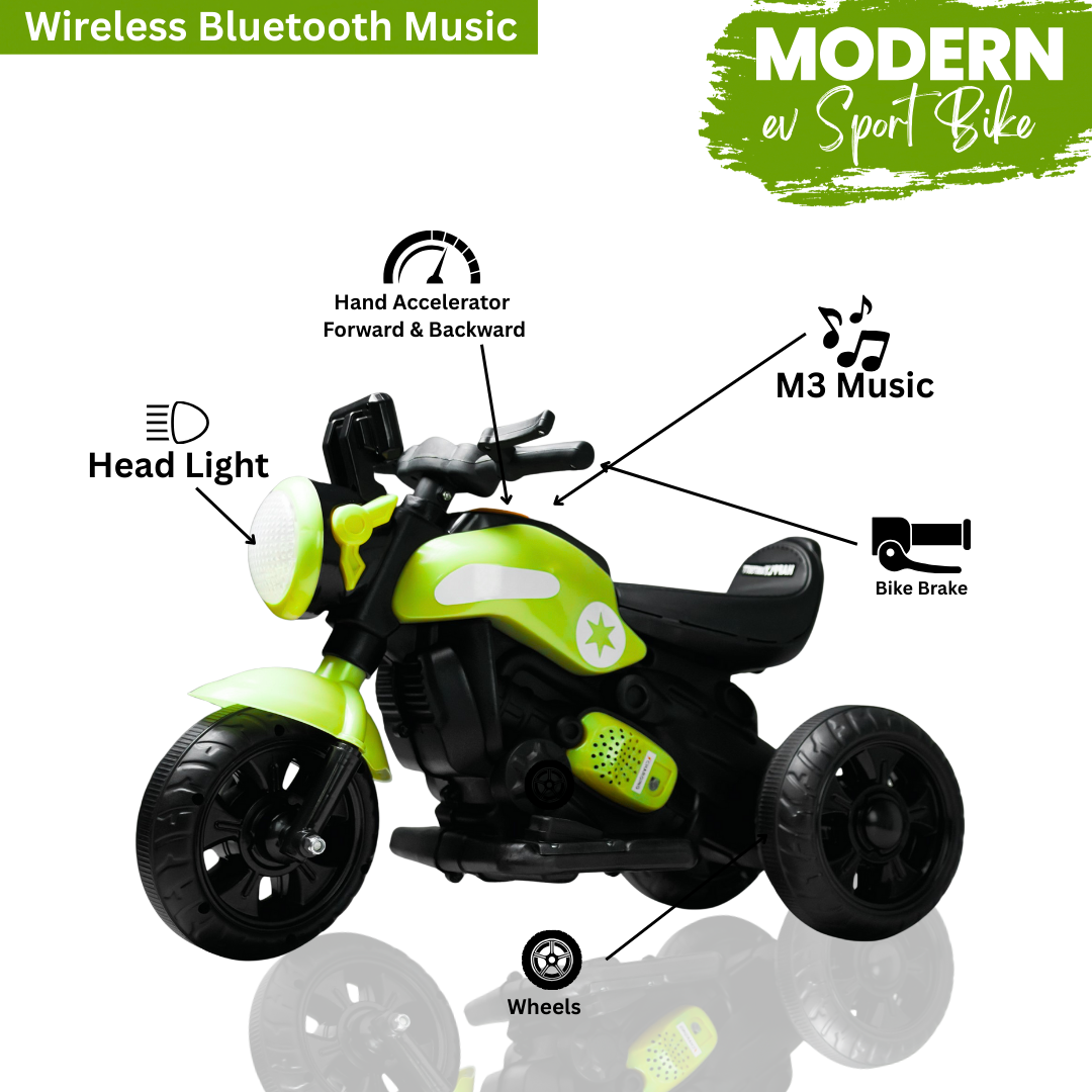 Keppz Yellow Battery Operated Ride-On Bike for Kids  With Headlight, Music & 3-Wheel Support. - Keppz