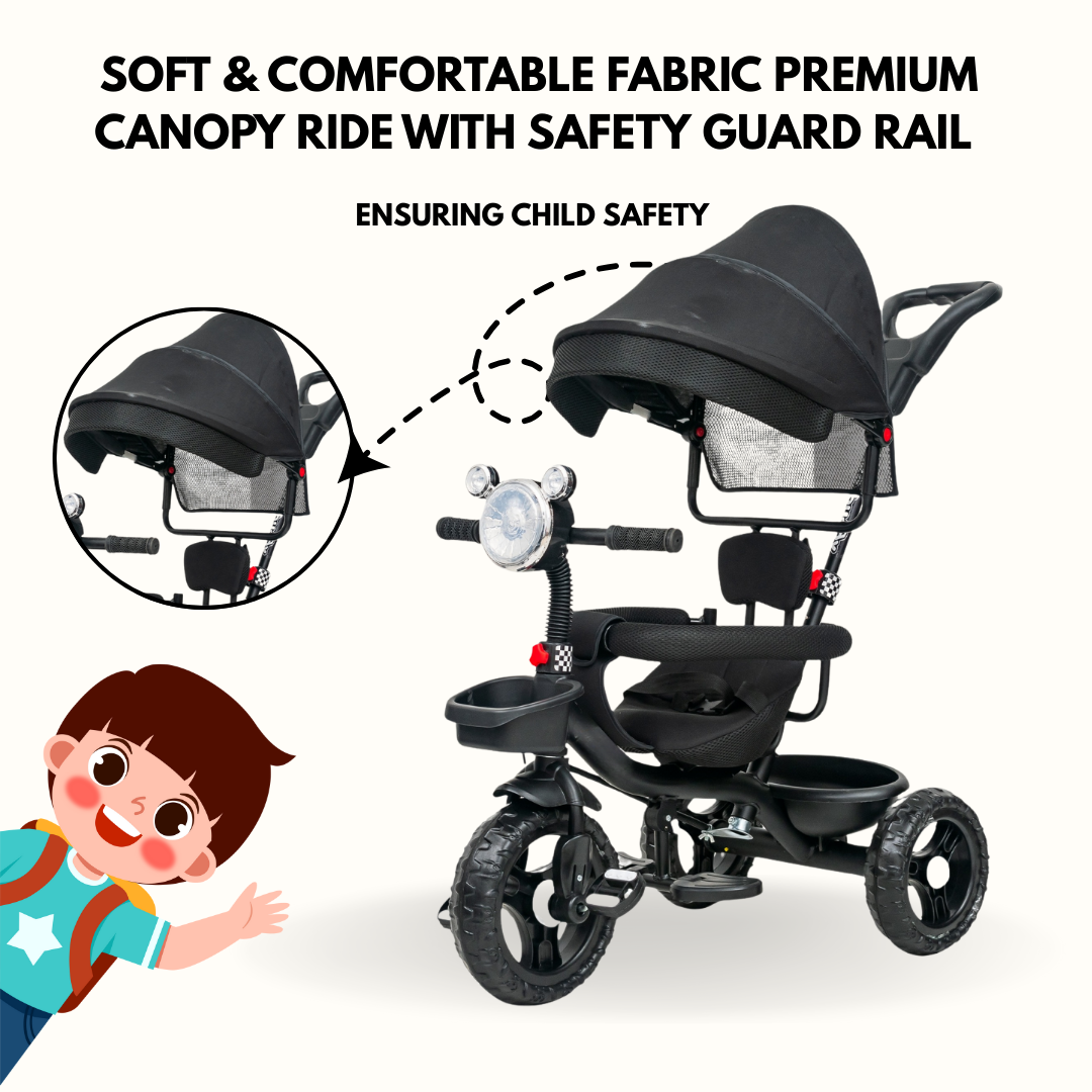 Keppz 4-in-1 Baby Tricycle with Headlight, Canopy, Safety Harness, and Push Handle.