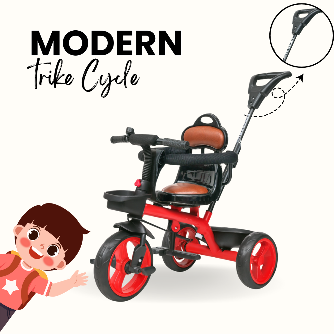 Keppz Baby Tricycle with Push Handle, Leather Seat, Safety Backrest, and Storage Basket  Beige - Keppz