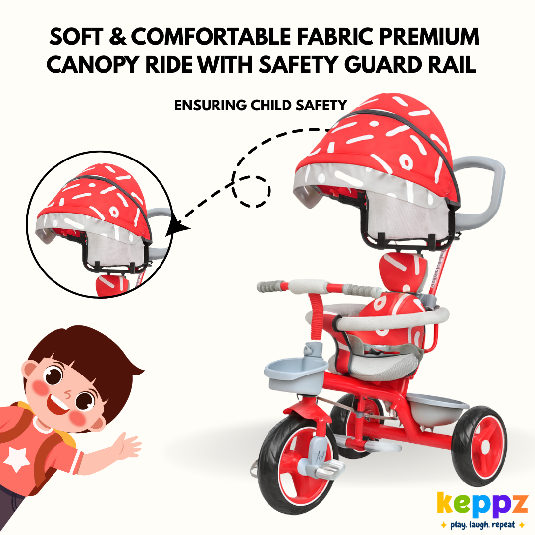 Keppz Stylish Kids Tricycle with Printed Canopy & Safety Belt  Baby Trike with Push Handle & Storage Basket for 1.5 Years. - Keppz