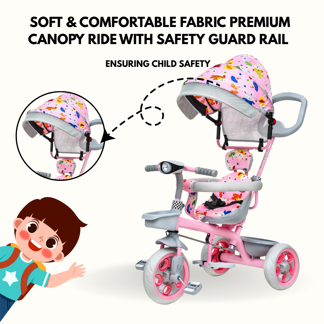 Keppz 4-in-1 Baby Tricycle with Canopy, Parental Handle, Storage Basket, and Safety Harness.