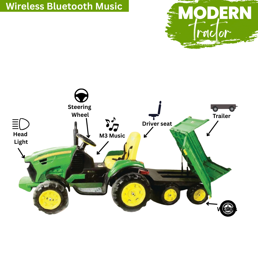 Keppz Kids Ride-On Tractor with Detachable Trailer, Steering Wheel, and Pedal Control. - Keppz