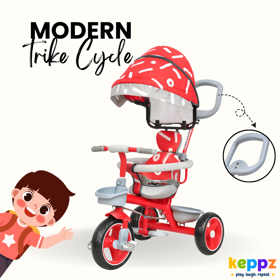 Keppz Stylish Kids Tricycle with Printed Canopy & Safety Belt  Baby Trike with Push Handle & Storage Basket for 1.5 Years. - Keppz