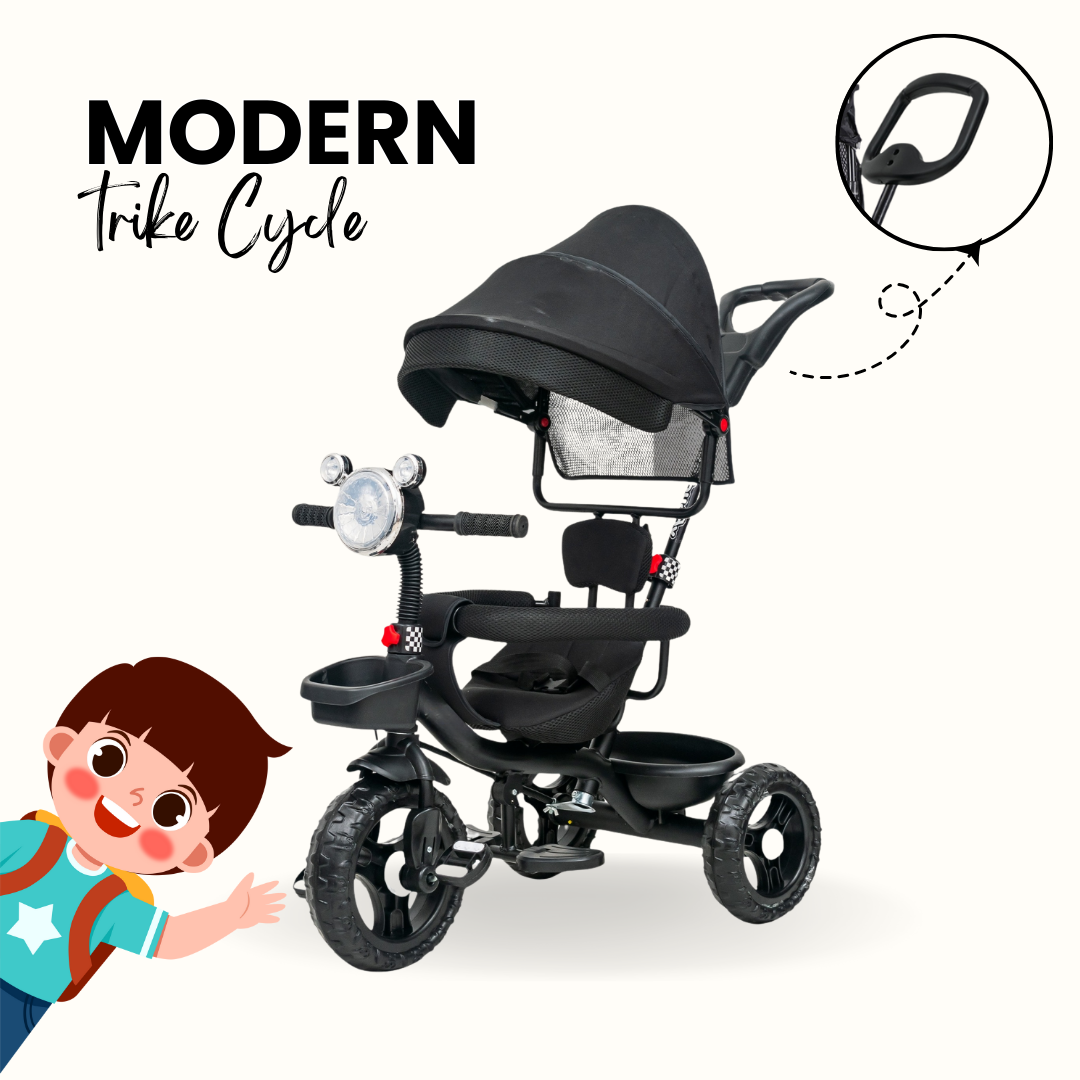 Keppz 4-in-1 Baby Tricycle with Headlight, Canopy, Safety Harness, and Push Handle.