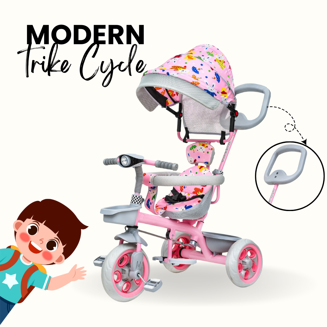 Keppz 4-in-1 Baby Tricycle with Canopy, Parental Handle, Storage Basket, and Safety Harness.