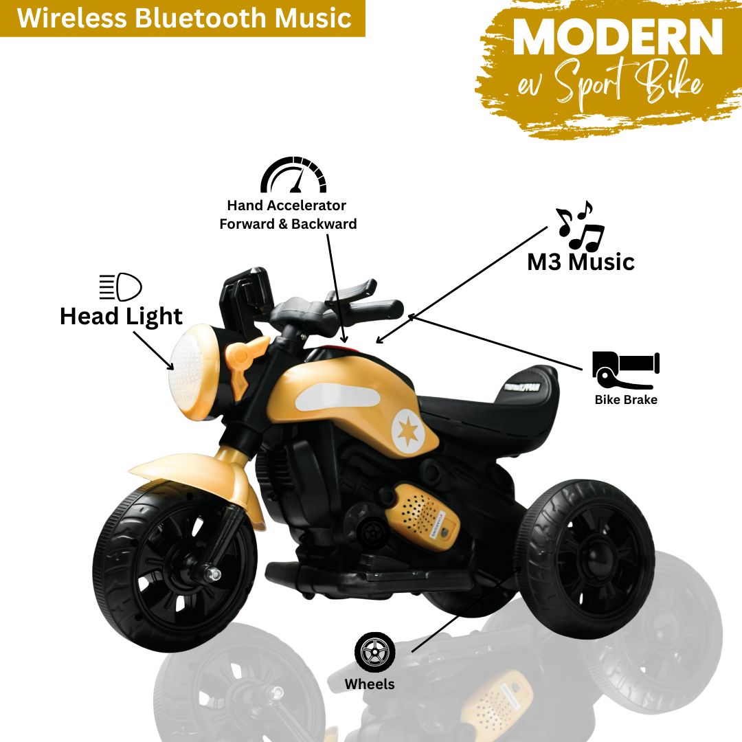 Keppz Yellow Battery Operated Ride-On Bike for Kids  With Headlight, Music & 3-Wheel Support. - Keppz