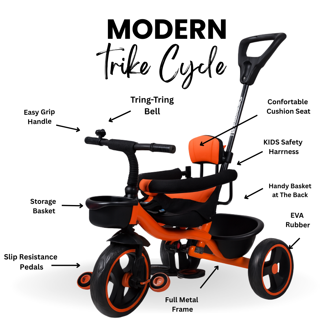 Keppz Cushioned Kids Tricycle with Backrest & Push Handle Baby Trike for 1.5 Years with Storage Basket & Safety Belt - Keppz