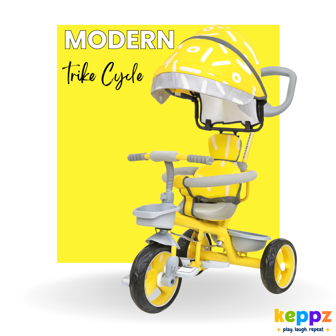 Keppz Stylish Kids Tricycle with Printed Canopy & Safety Belt  Baby Trike with Push Handle & Storage Basket for 1.5 Years. - Keppz