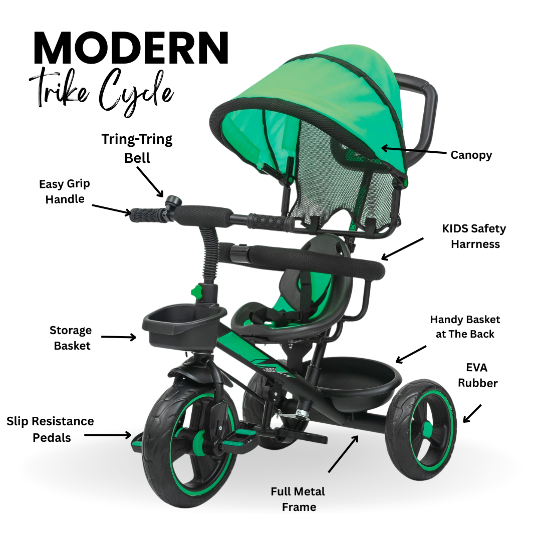 Keppz 4-in-1 Baby Tricycle with Canopy, Push Handle, Safety Harness, and Storage Basket. - Keppz