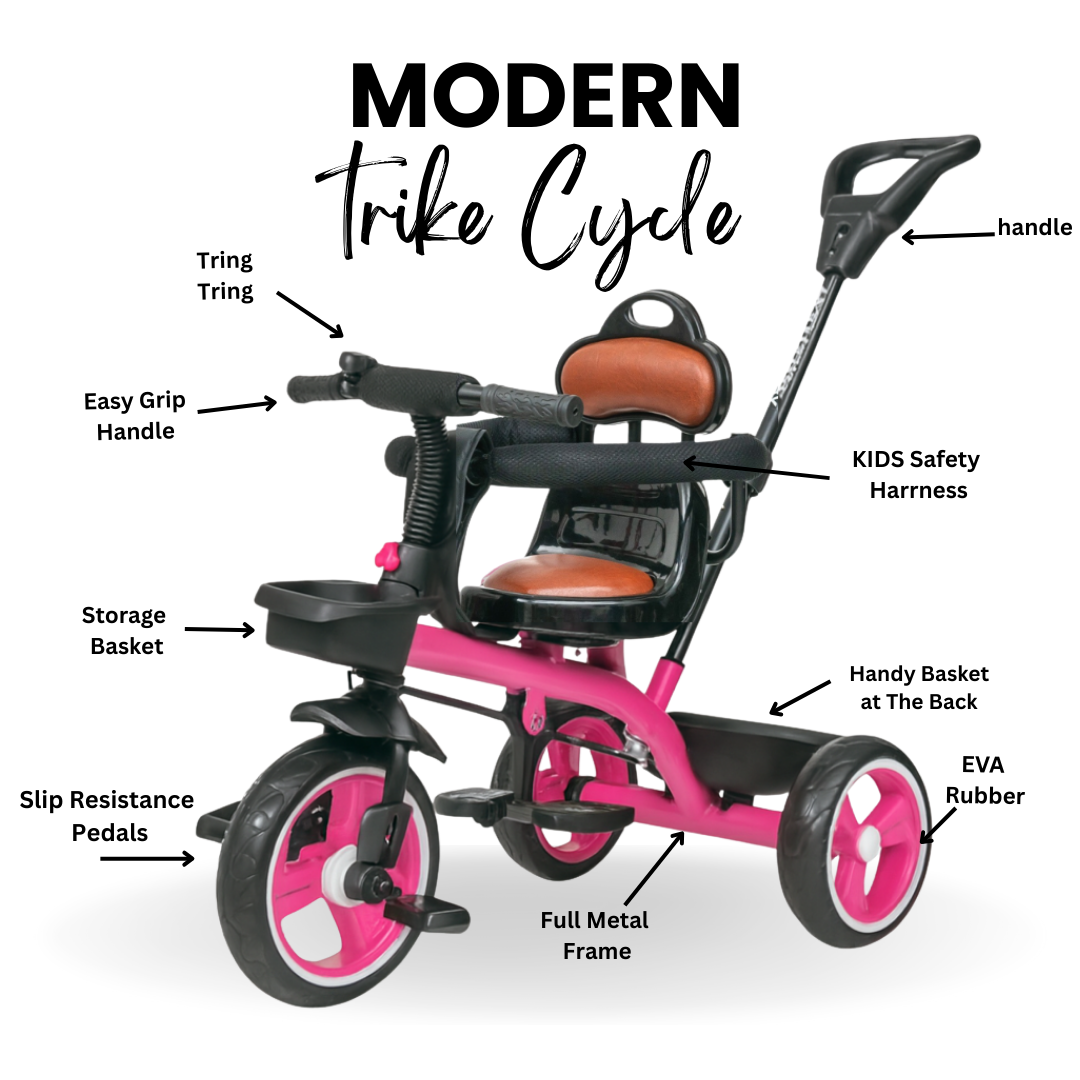 Keppz Baby Tricycle with Push Handle, Leather Seat, Safety Backrest, and Storage Basket  Beige - Keppz