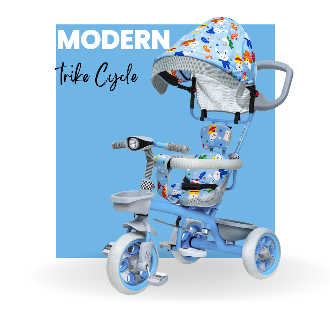 Keppz 4-in-1 Baby Tricycle with Canopy, Parental Handle, Storage Basket, and Safety Harness.