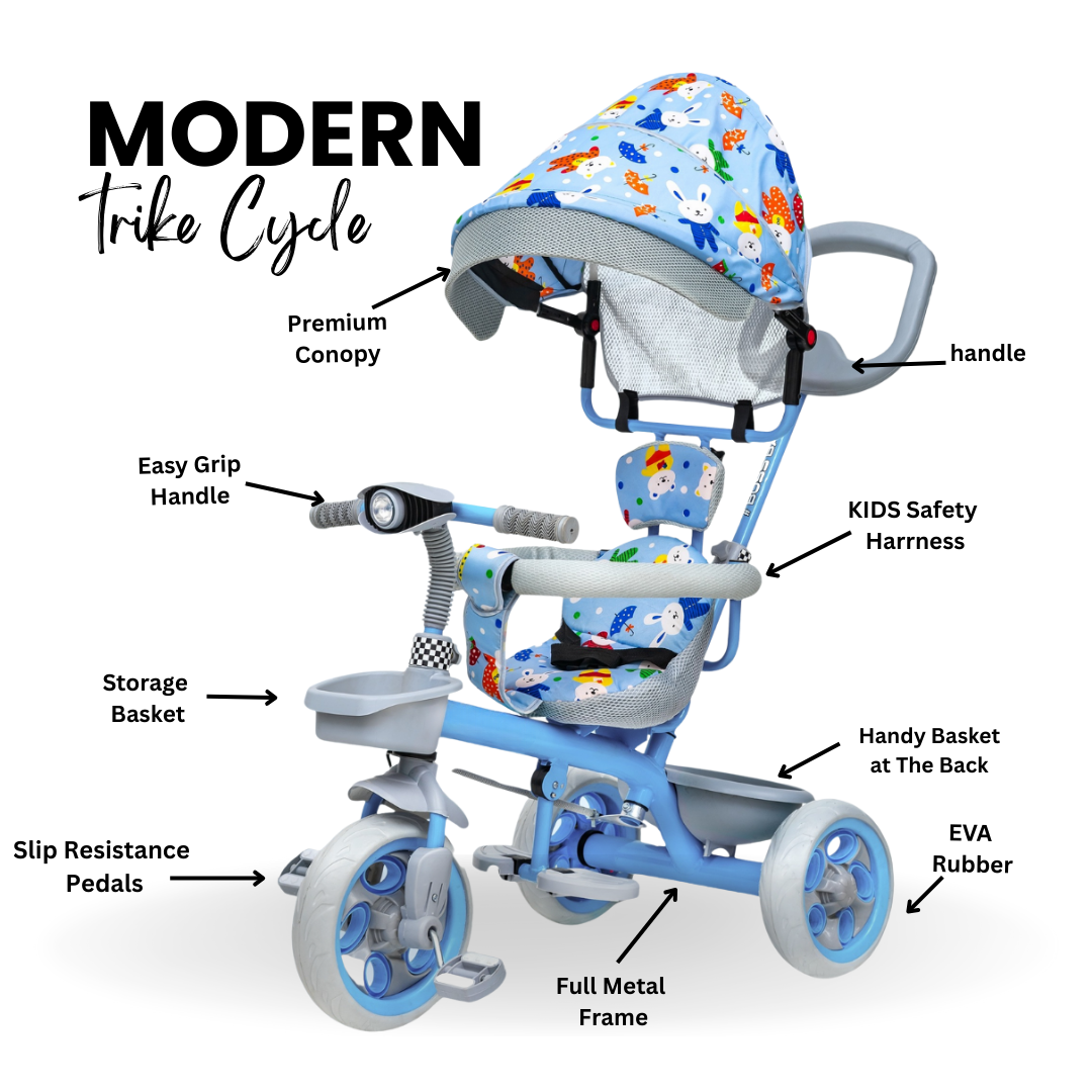Keppz 4-in-1 Baby Tricycle with Canopy, Parental Handle, Storage Basket, and Safety Harness.