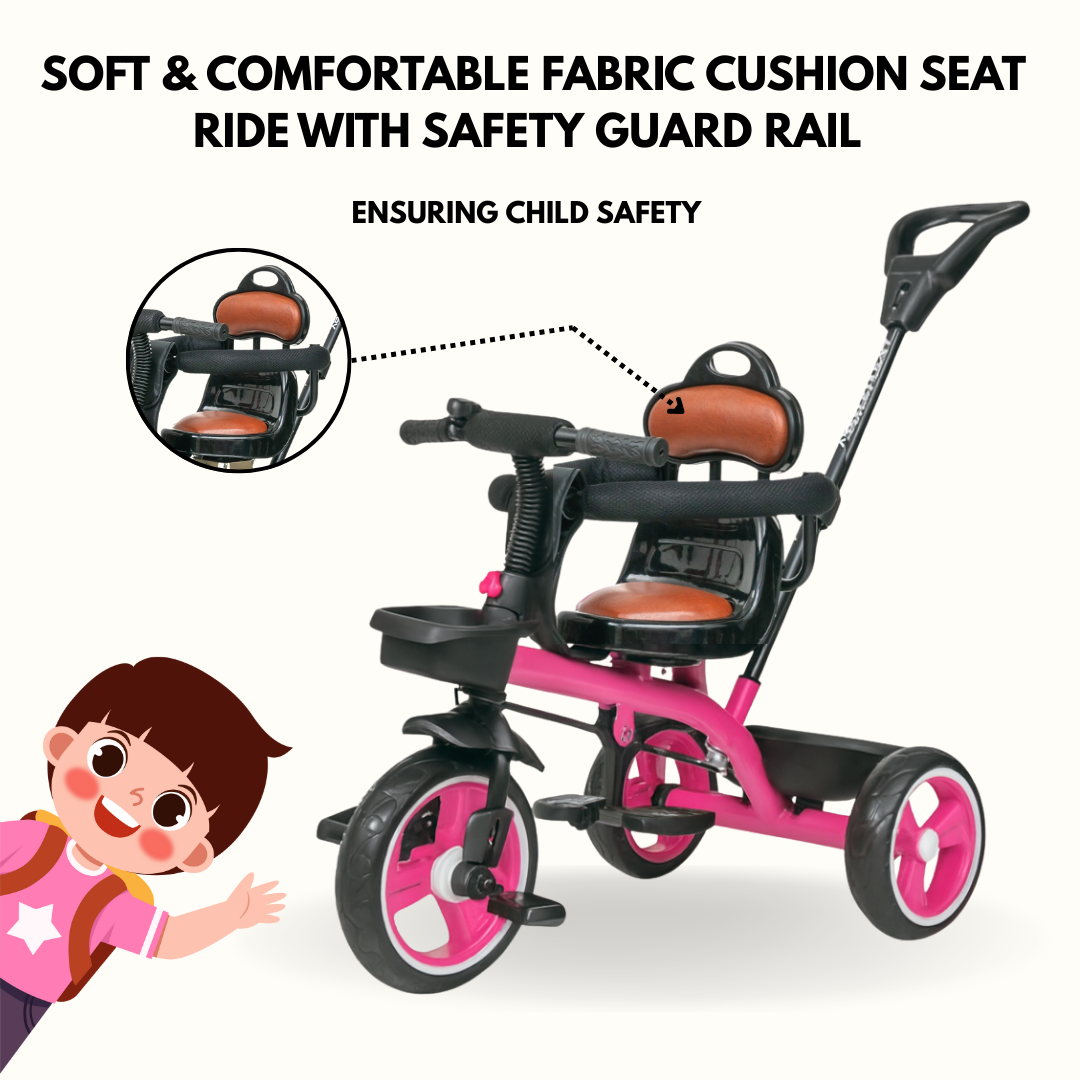 Keppz Baby Tricycle with Push Handle, Leather Seat, Safety Backrest, and Storage Basket  Beige - Keppz