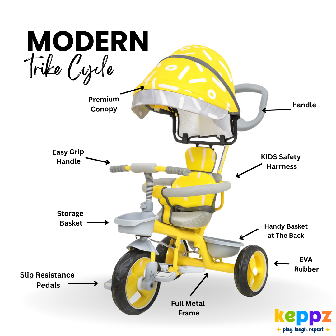 Keppz Stylish Kids Tricycle with Printed Canopy & Safety Belt  Baby Trike with Push Handle & Storage Basket for 1.5 Years. - Keppz