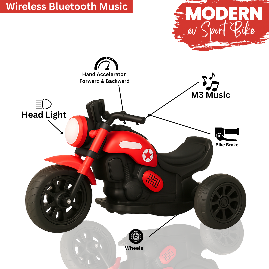Keppz Electric Cartoon Ride-On Bike Red – Kids Toy with Music & Lights