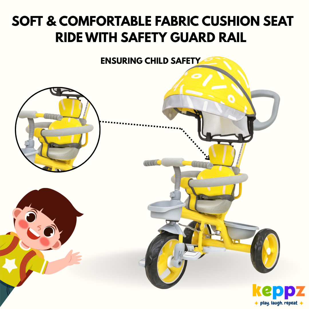 Keppz Stylish Kids Tricycle with Printed Canopy & Safety Belt  Baby Trike with Push Handle & Storage Basket for 1.5 Years. - Keppz