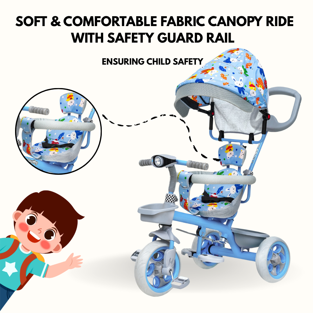 Keppz 4-in-1 Baby Tricycle with Canopy, Parental Handle, Storage Basket, and Safety Harness.