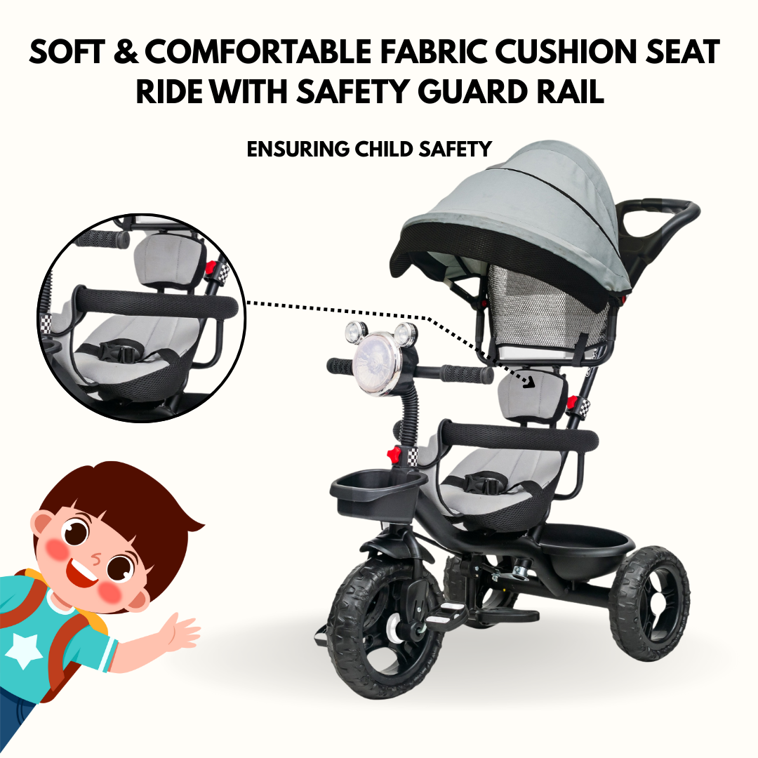 Keppz 4-in-1 Baby Tricycle with Headlight, Canopy, Safety Harness, and Push Handle.