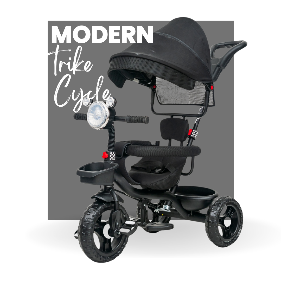 Keppz 4-in-1 Baby Tricycle with Headlight, Canopy, Safety Harness, and Push Handle.