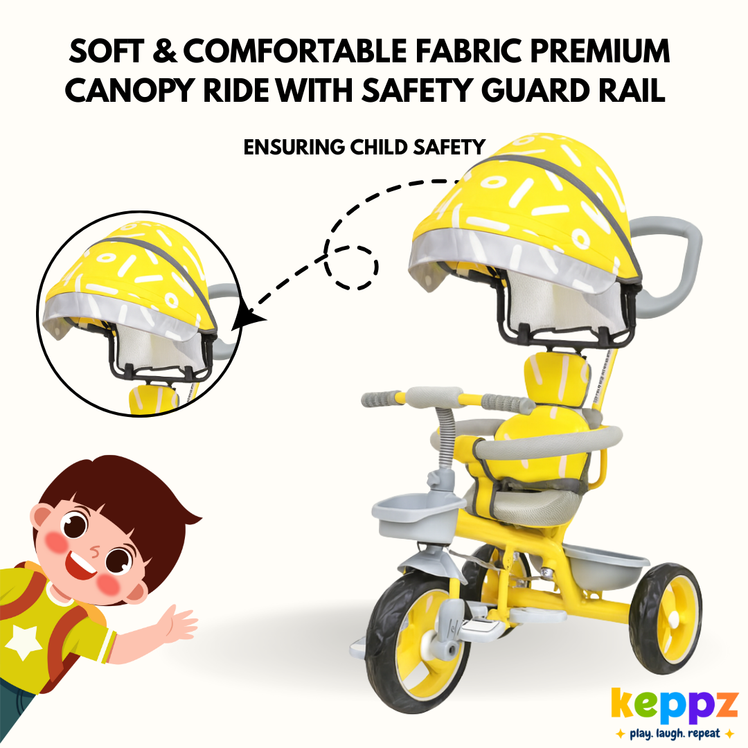 Keppz Stylish Kids Tricycle with Printed Canopy & Safety Belt  Baby Trike with Push Handle & Storage Basket for 1.5 Years. - Keppz