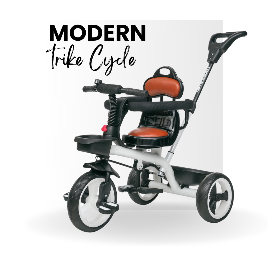 Keppz Baby Tricycle with Push Handle, Leather Seat, Safety Backrest, and Storage Basket  Beige - Keppz