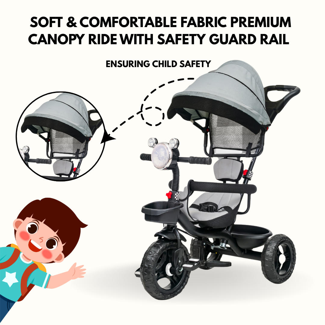 Keppz 4-in-1 Baby Tricycle with Headlight, Canopy, Safety Harness, and Push Handle.