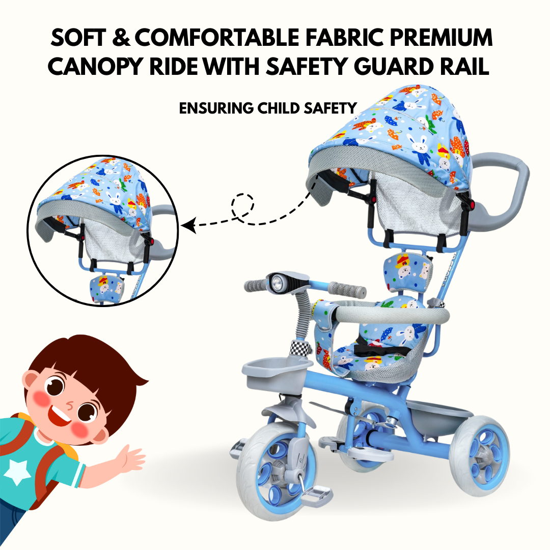 Keppz 4-in-1 Baby Tricycle with Canopy, Parental Handle, Storage Basket, and Safety Harness.