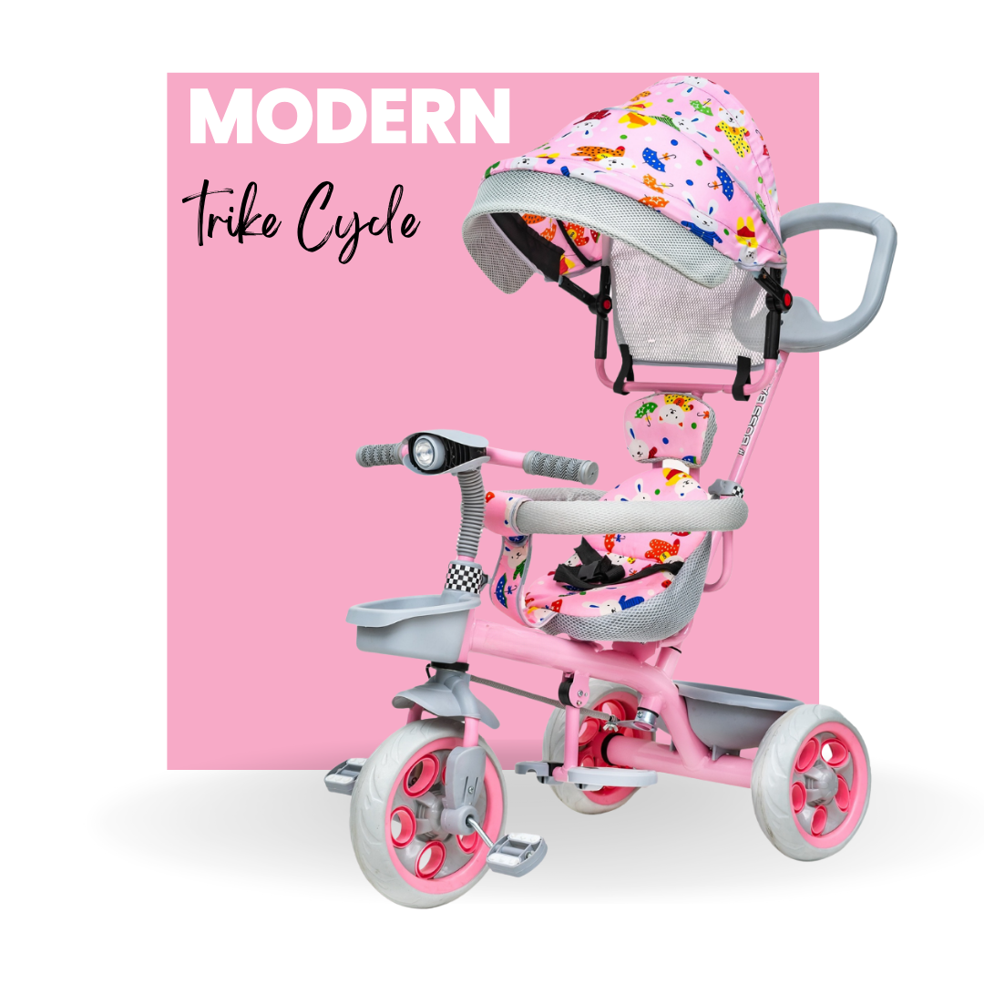 Keppz 4-in-1 Baby Tricycle with Canopy, Parental Handle, Storage Basket, and Safety Harness.