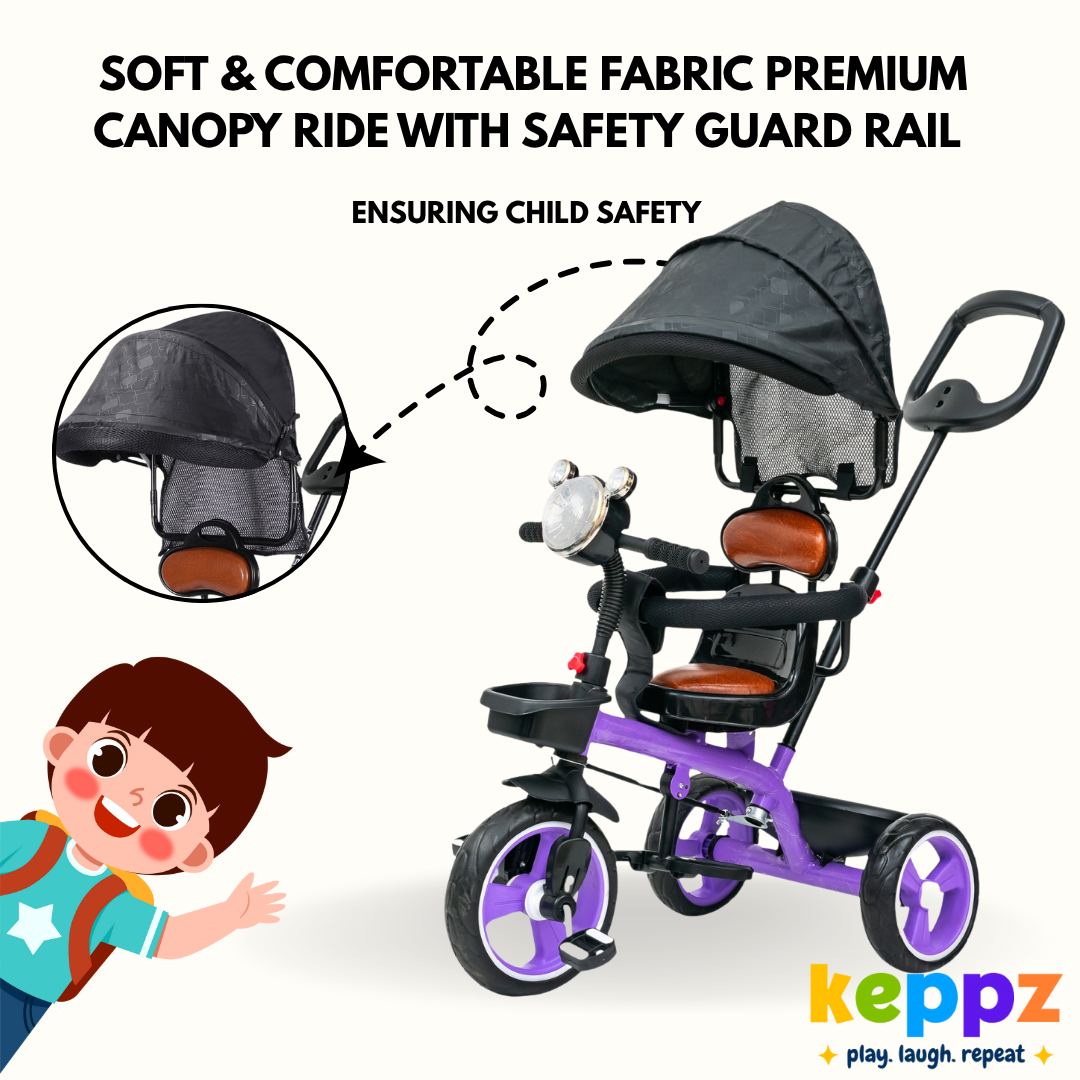 Keppz Premium Kids Tricycle with Canopy & Parent Handle  Foldable Baby Trike for 1.5 Years with Leather Seat & Storage Basket. - Keppz
